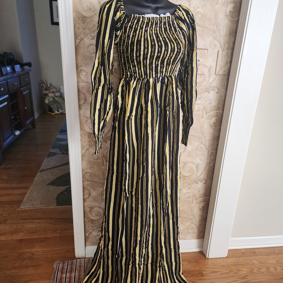 Cotton Smocked Maxi Dress Modest Jalabiya Boho Cottagecore Long Sleeve - Picture 2 of 5